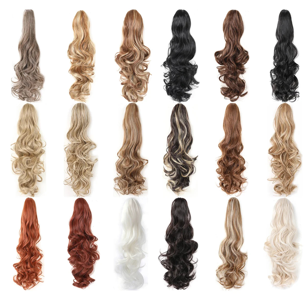 Colección de extensiones largas de cabello en varios tonos y texturas, incluyendo rubio, castaño, negro y gris.