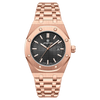 A rose gold square quartz men's watch with a black dial and luminous hands on a black background.