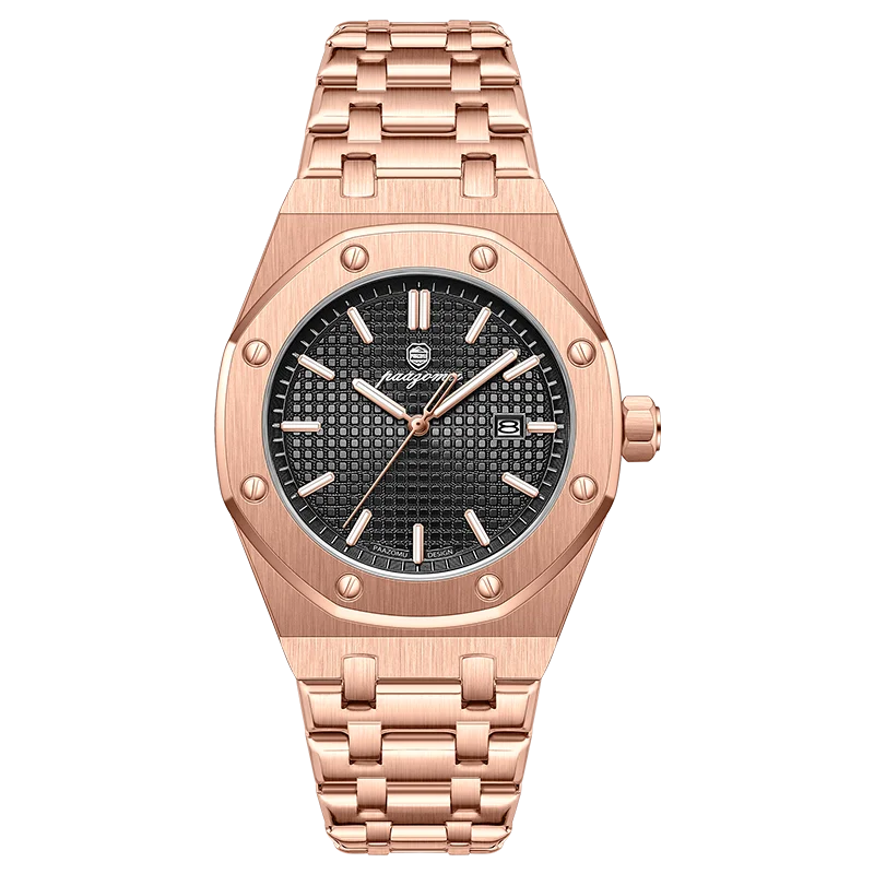 A rose gold square quartz men's watch with a black dial and luminous hands on a black background.