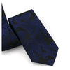A dark blue paisley silk necktie with a black background and intricate blue floral patterns.