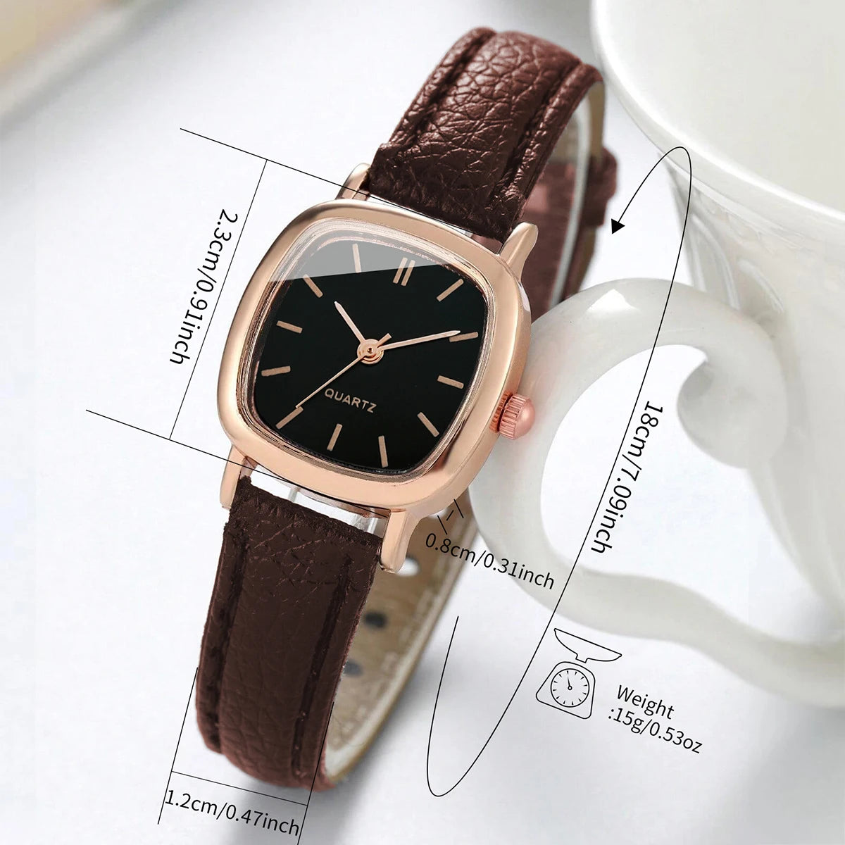 A brown leather fashion square quartz watch with a gold tone casing and strap, shown with detailed dimensions.