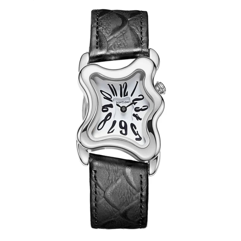 Silver fashion quartz wristwatch with a Roman dial and black leather strap