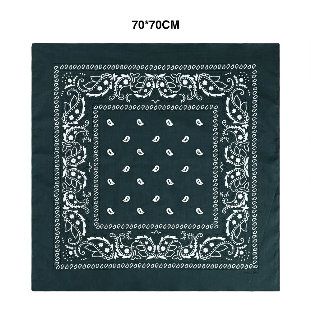 Dark blue square bandana scarf with white paisley and floral embroidery design