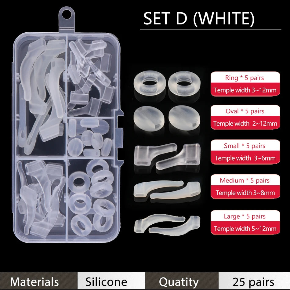 Set D white silicone ear grip hooks for glasses and sunglasses including various sizes