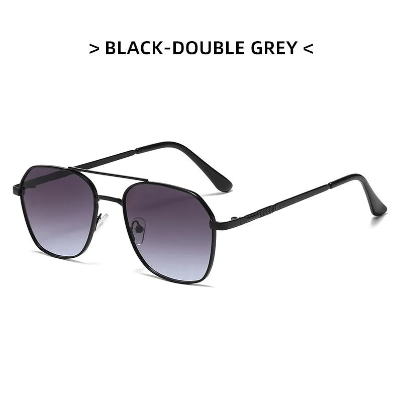 Black double grey classic metal frame square sunglasses displayed on a white background.