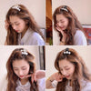 A woman showcases long brown hair adorned with simulated pearl hair claws in various styles.
