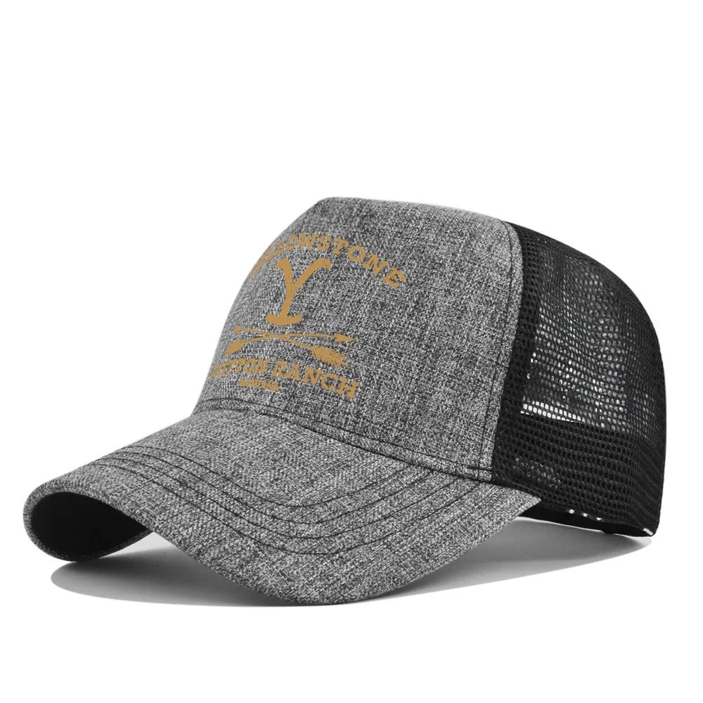 A grey and black unisex adjustable baseball cap with a yellow embroidered logo on the front.