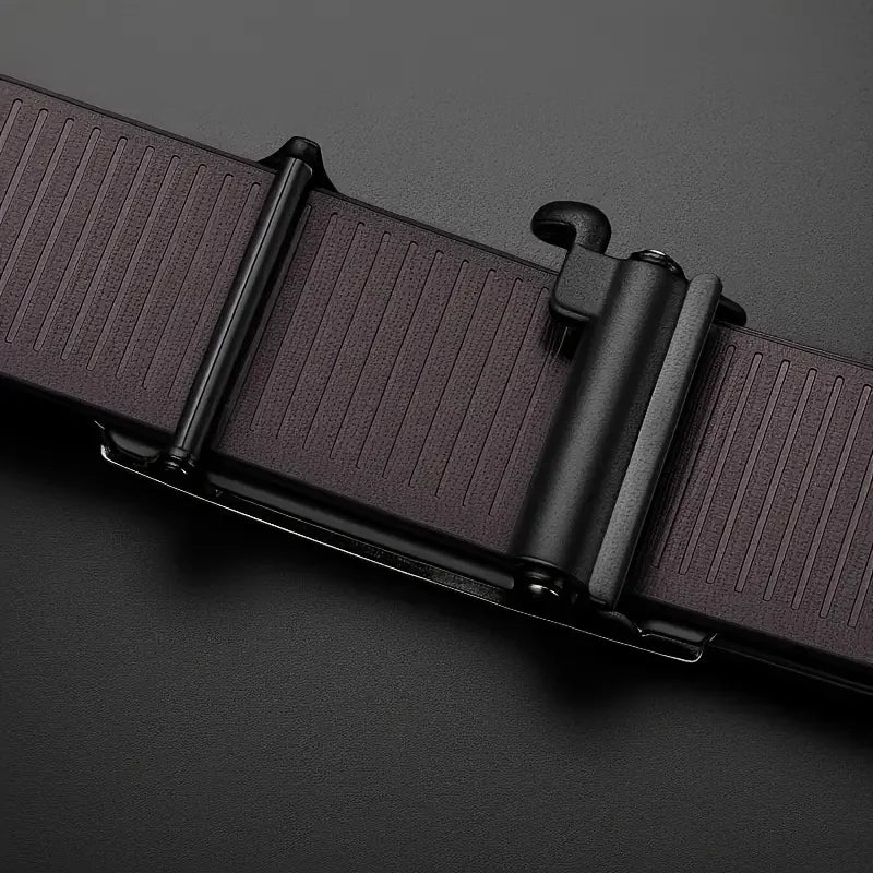 A close-up view of a dark brown PU leather fashion belt with a black buckle and ribbed texture.