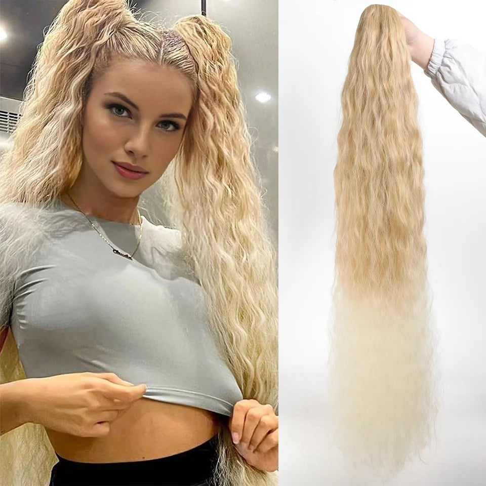A woman models long, blonde synthetic drawstring hair extensions