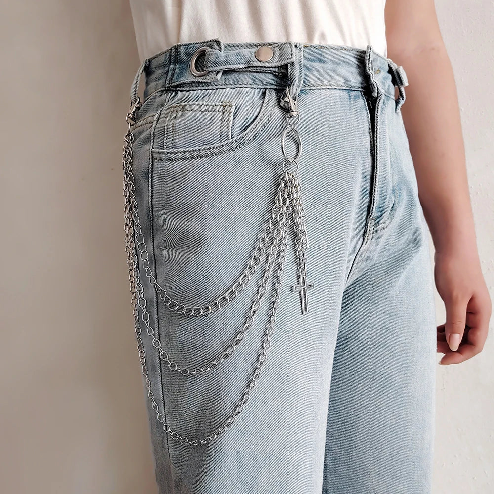 Light wash denim jeans with a silver double-layer waist chain accessory detail