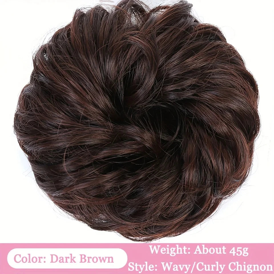 Dunkelbraunes gewelltes lockiges Chignon-Haar mit Bändern