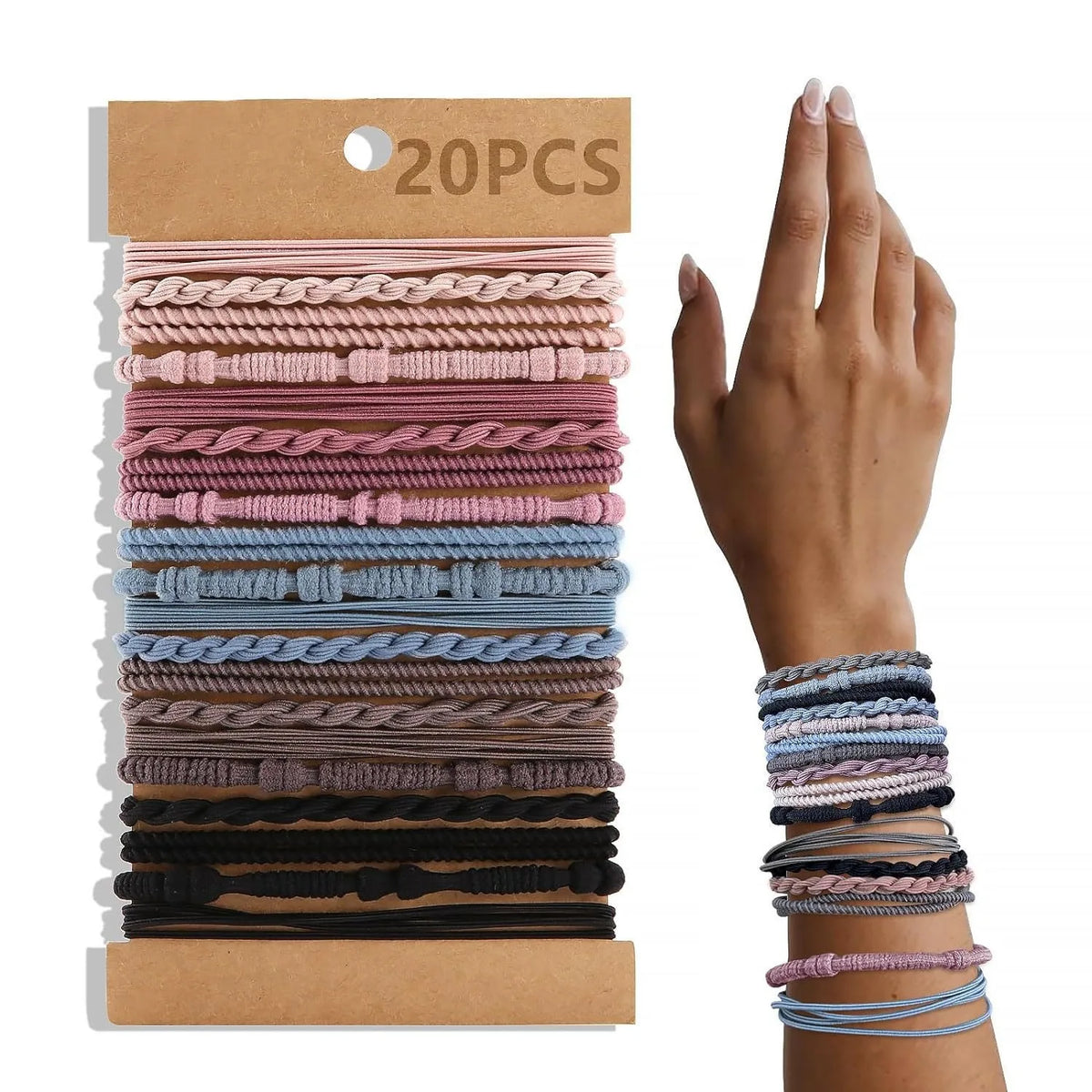 Eine Sammlung gestapelter Boho-Elastband-Haargummis in verschiedenen Rosa-, Blau-, Braun- und Schwarztönen.