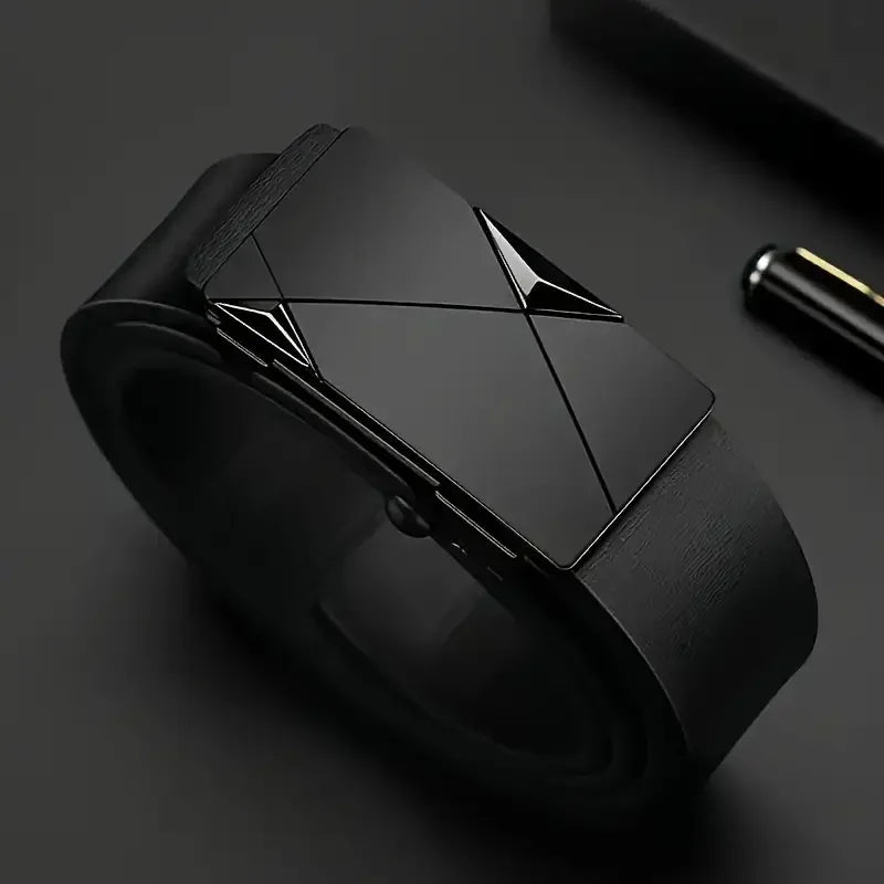 A black men's PU leather fashion belt is shown in a close-up view against a dark background.