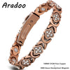 A close-up of a rose gold pure copper bracelet featuring decorative crystal elements and neodymium magnets.