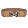 A tan vintage leather elastic belt featuring an ornate brass twisted buckle.