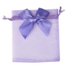 A lavender organza drawstring gift bag tied with a light purple ribbon bow.