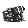 Black leather adjustable belt with silver hardware and a metal chain detail.