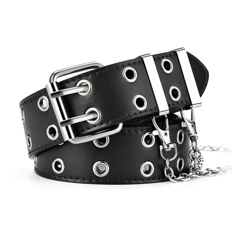 Black leather adjustable belt with silver hardware and a metal chain detail.