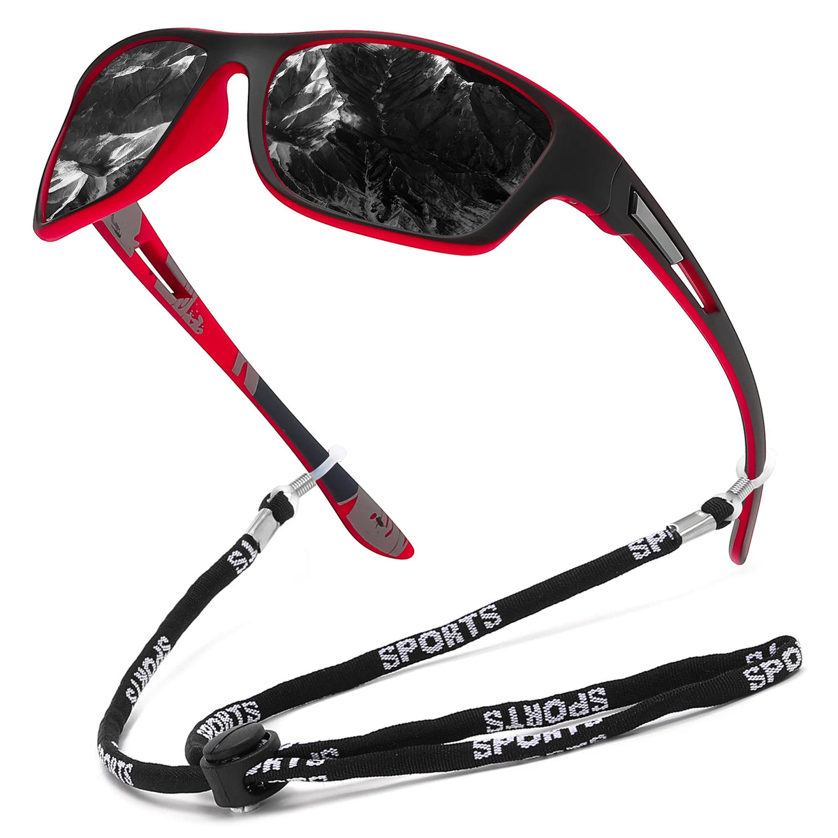 A pair of red-framed polarized sunglasses with dark mirrored lenses and an adjustable strap.