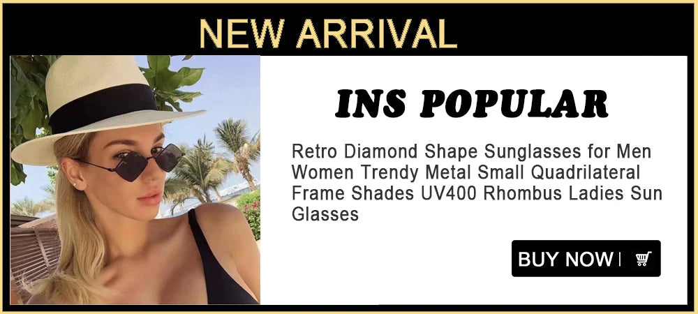A woman models retro diamond shape sunglasses with a metal frame and rhombus lens design.