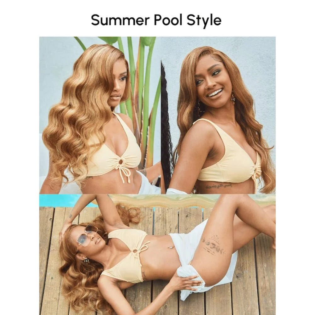 A woman models a honey blonde wavy lace front wig in a summer pool style on a wooden deck.