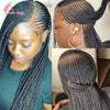 Close-up of a woman wearing a 36-inch braided cornrow wig with intricate braids
