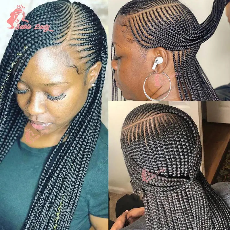 Close-up of a woman wearing a 36-inch braided cornrow wig with intricate braids