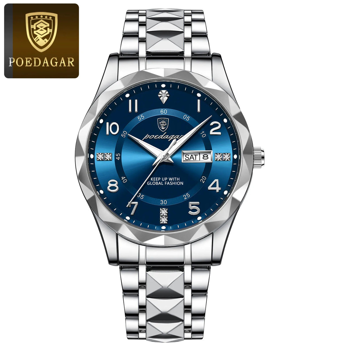 A silver-toned men's quartz watch with a blue luminous dial and stainless steel bracelet.