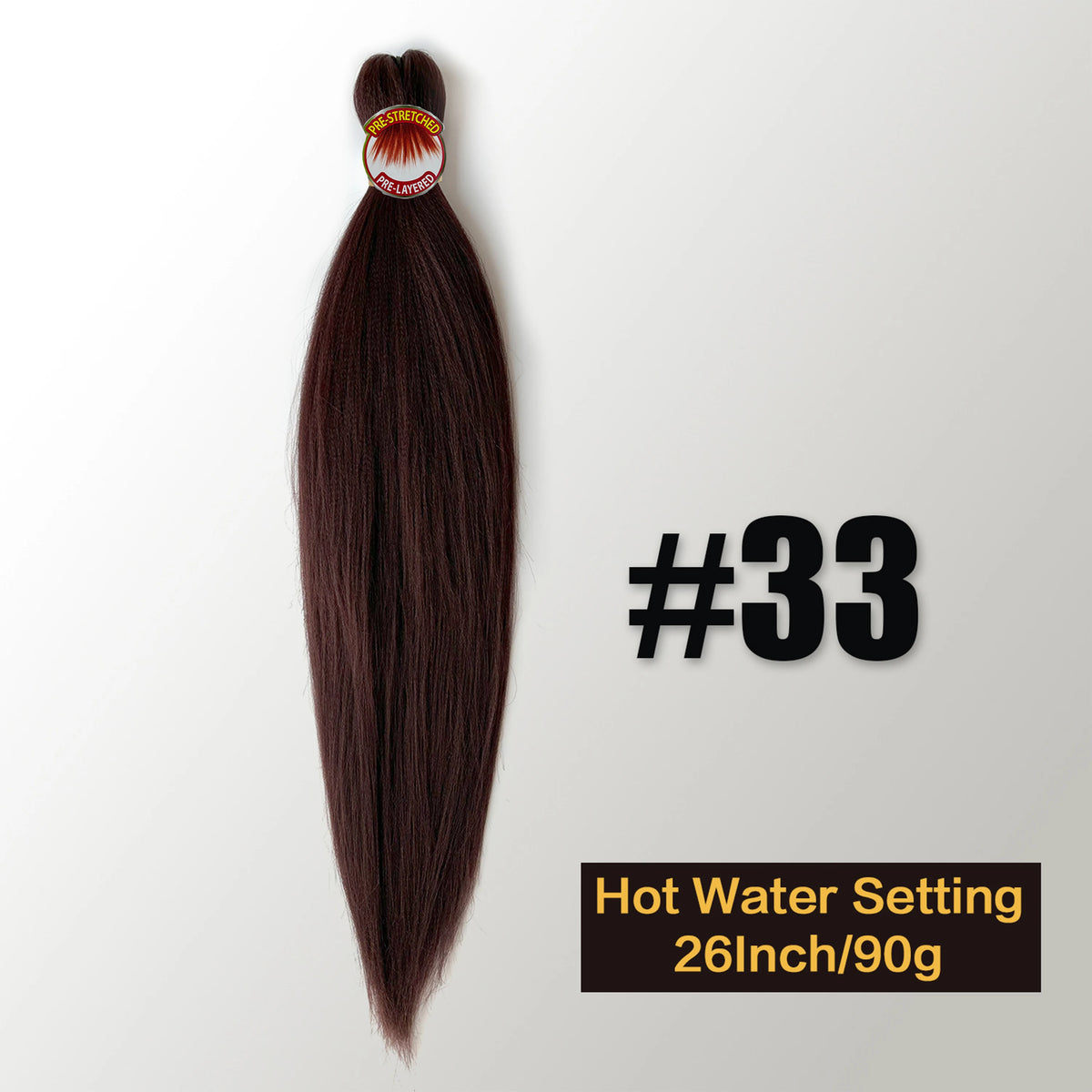 A bundle of dark brown pre-stretched Kanekalon braiding hair extensions labeled #33 with a hot water setting.
