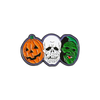 Emaille-Pin-Sammlung mit drei Halloween-Designs: Kürbis, Schädel und Monsterkopf.