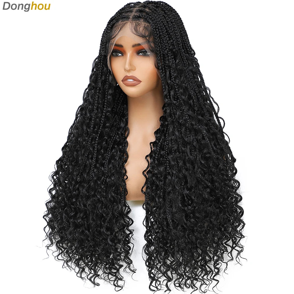 A model is wearing a long, black, curly box braid wig with long, flowing hair.