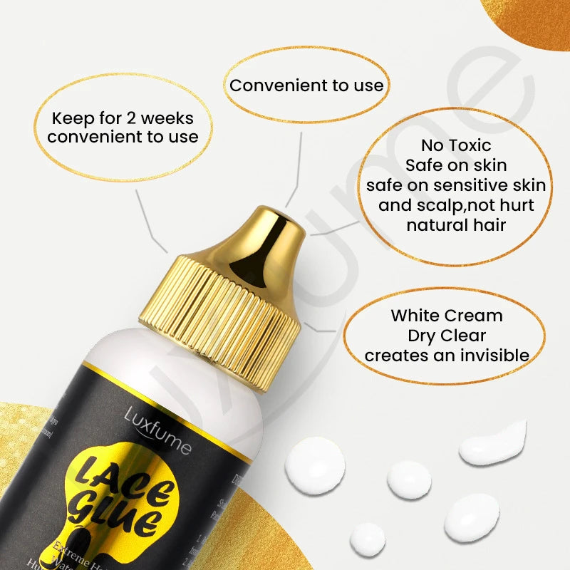 Flüssig-Klebstoffspray Luxfume Lace mit goldener Kappe und weißer Produktfarbe, hebt Komfort und Hautsicherheit hervor.
