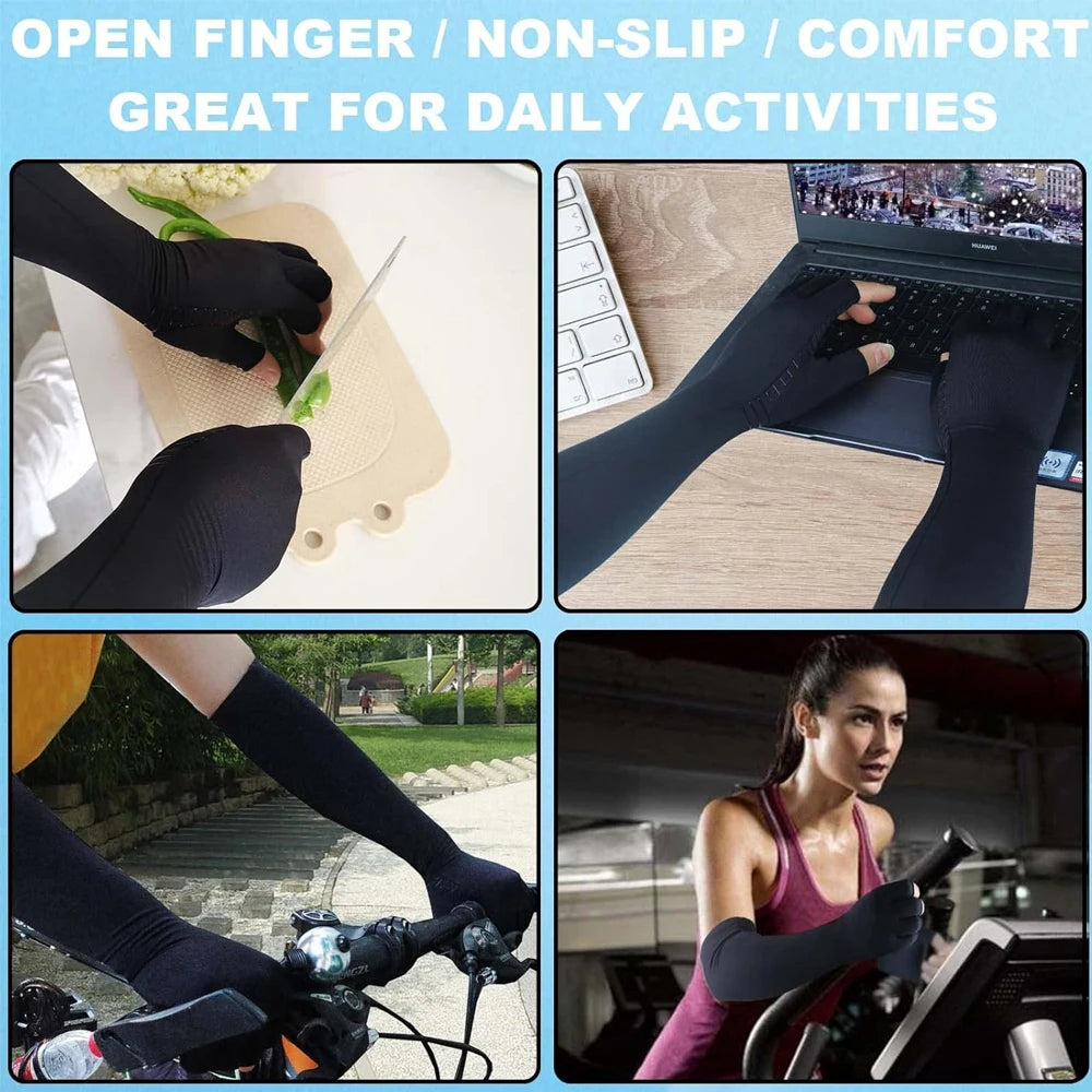 Black compression gloves used for daily activities, including handling plants and operating a laptop.