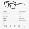 A pair of black square reading glasses with gold accents shown against a white background.