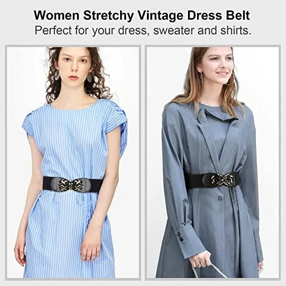 A woman models a women stretchy vintage dress with a black leather belt and brass buckle.
