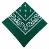 A dark green paisley bandana featuring white embroidery and geometric patterns.