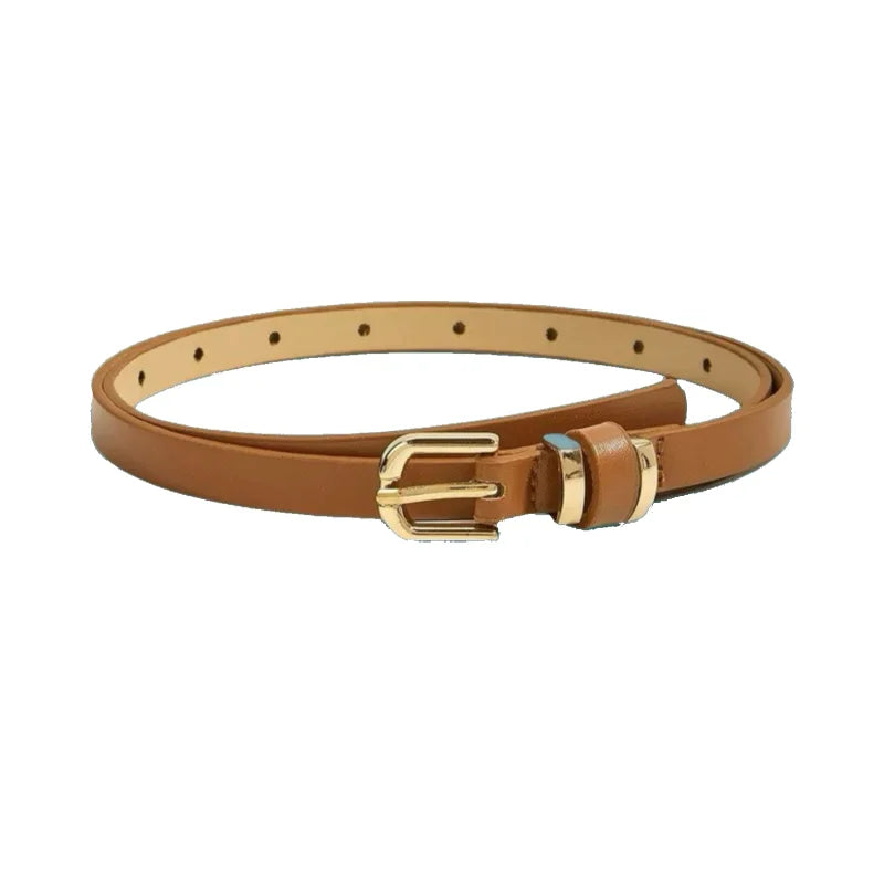 A brown slim PU leather belt with a vintage gold-toned buckle.