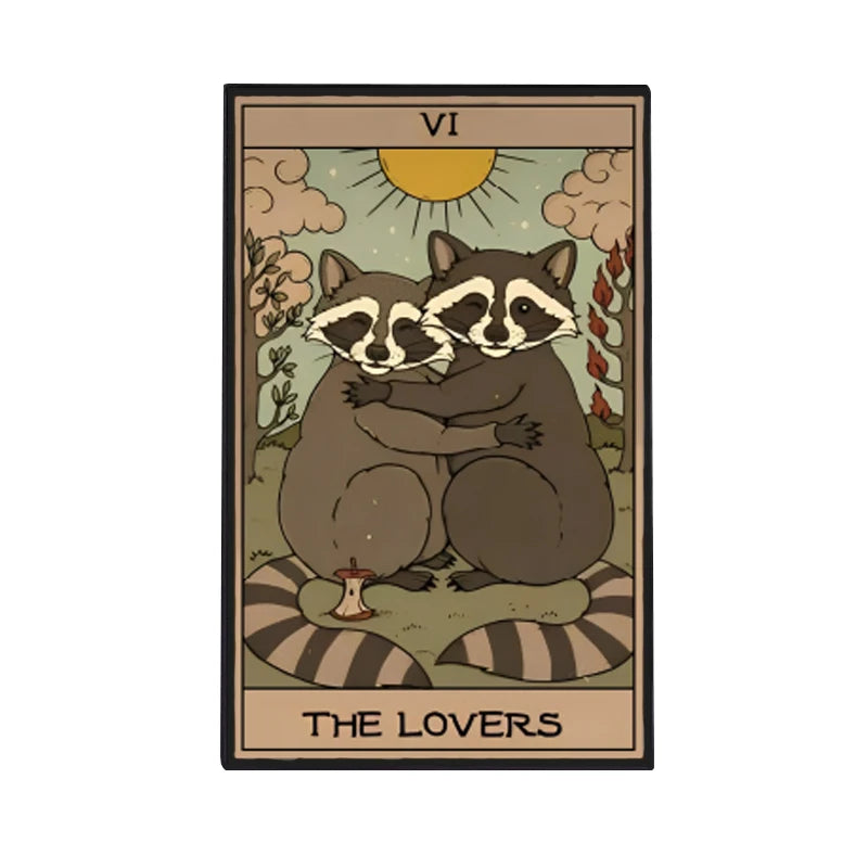 Tarot card VI The Lovers featuring two pandas embracing under a bright sun.
