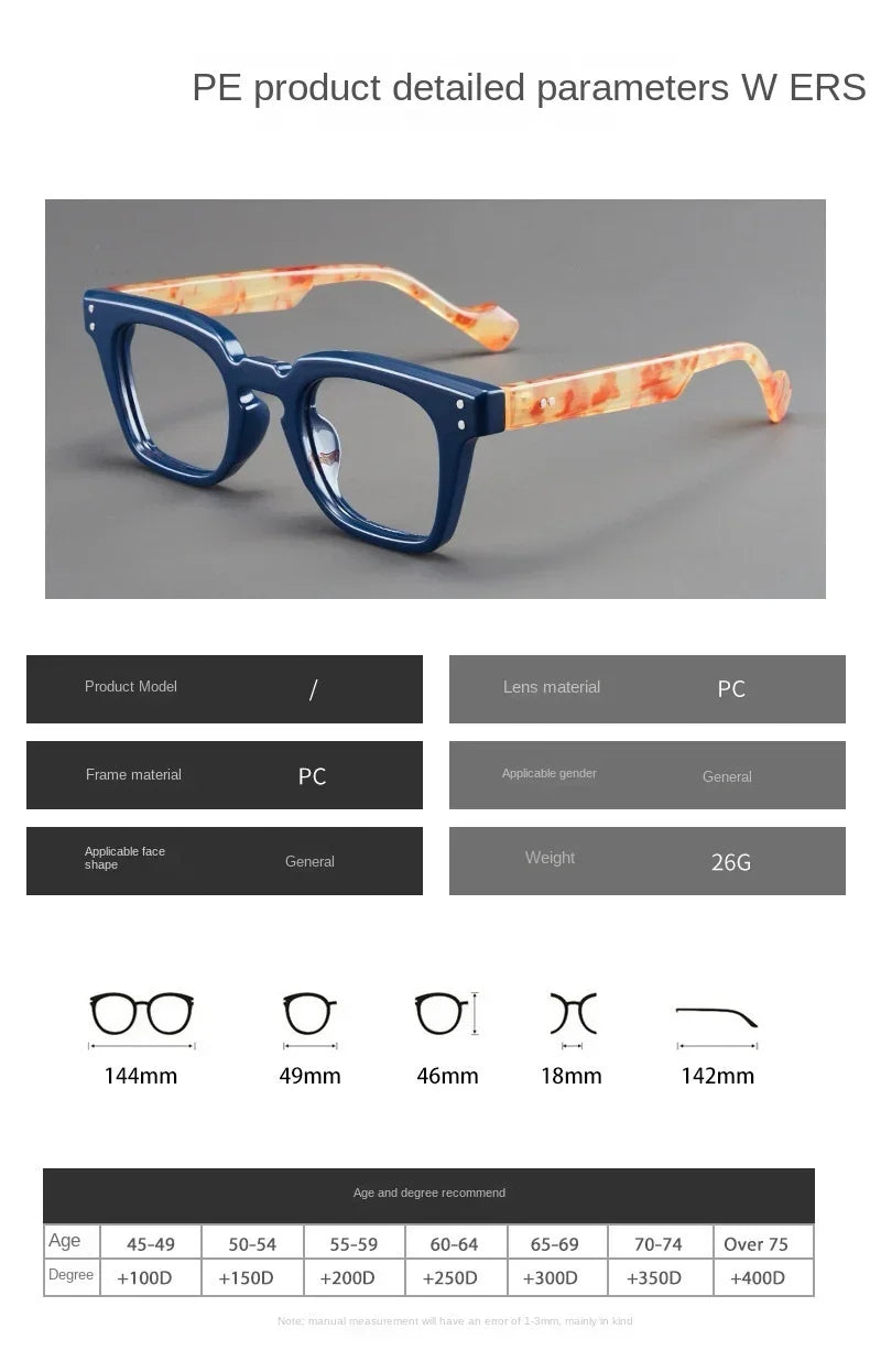 Une paire de lunettes de lecture à monture bleue avec des verres à motif orange, présentée en studio.
