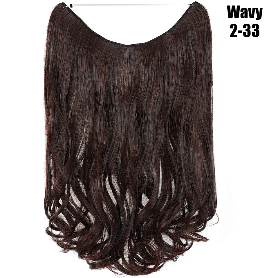 Dark brown wavy hair extensions, 20 inches long, synthetic and invisible wire.