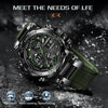 A dark green luxury men's chronograph dive watch is displayed on a textured surface with water droplets.