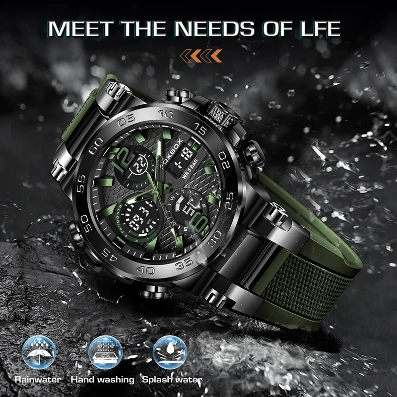 A dark green luxury men's chronograph dive watch is displayed on a textured surface with water droplets.