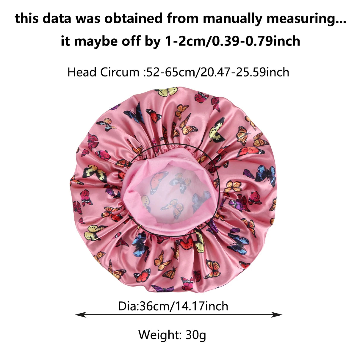 Pink butterfly satin sleep bonnet and headband set with a wide brim