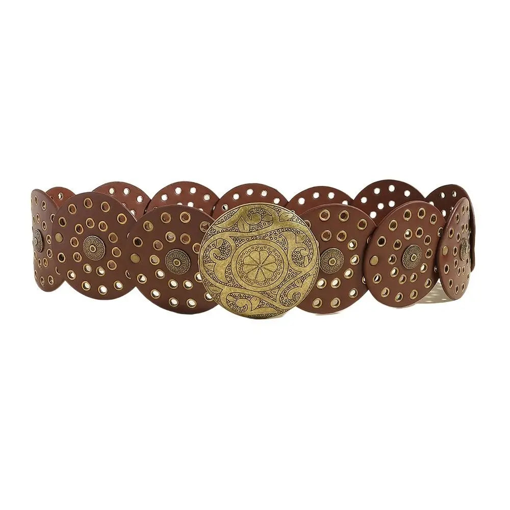 A set of vintage PU disc belts with metal buckles, featuring a gold-toned center disk and brown leather straps.