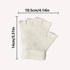 White fingerless knit gloves with a ribbed cuff and printed design.