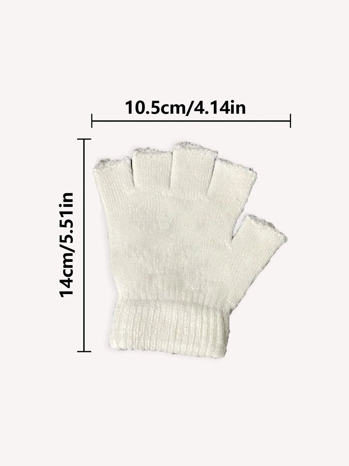 White fingerless knit gloves with a ribbed cuff and printed design.