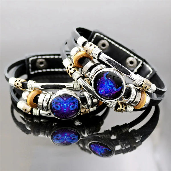 A stack of retro multi-layer leather beaded bracelets featuring silver and gold accents with purple gemstone beads.