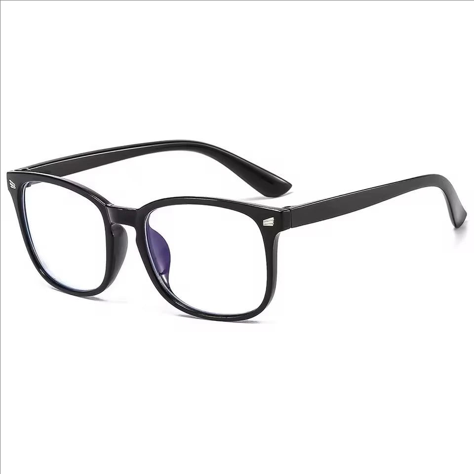 Une paire de lunettes transparentes bleues, minimalistes, avec des montures noires.