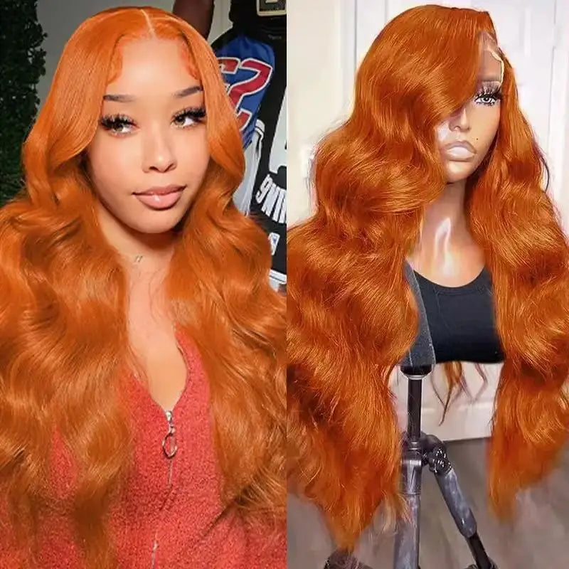 A close-up of a woman modeling a long, wavy orange wig with a lace front
