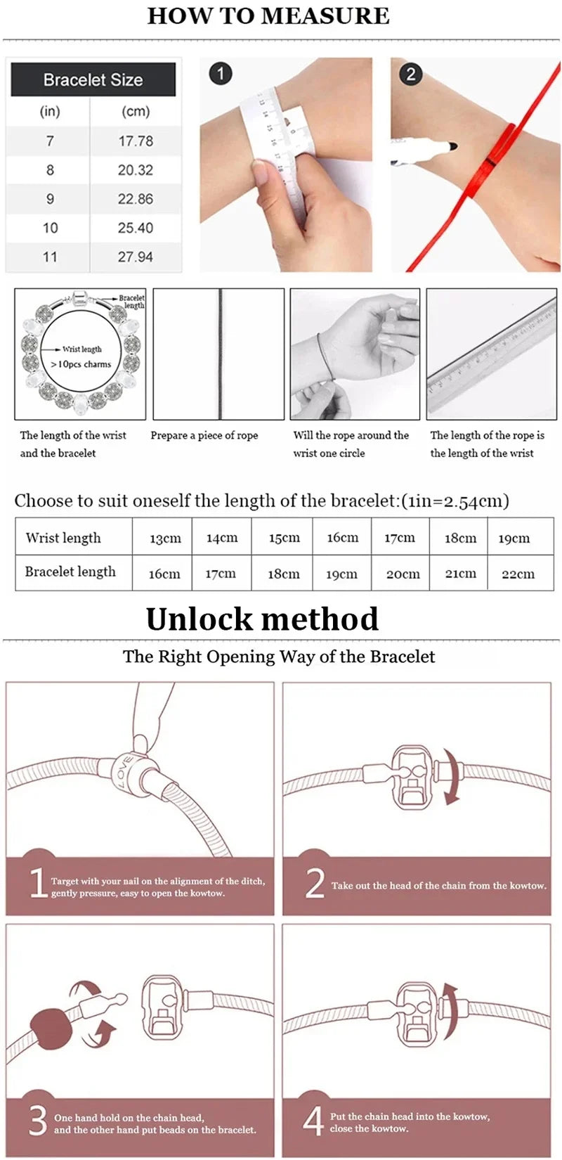 Instrucciones para medir y desbloquear una pulsera con cuentas de adorno